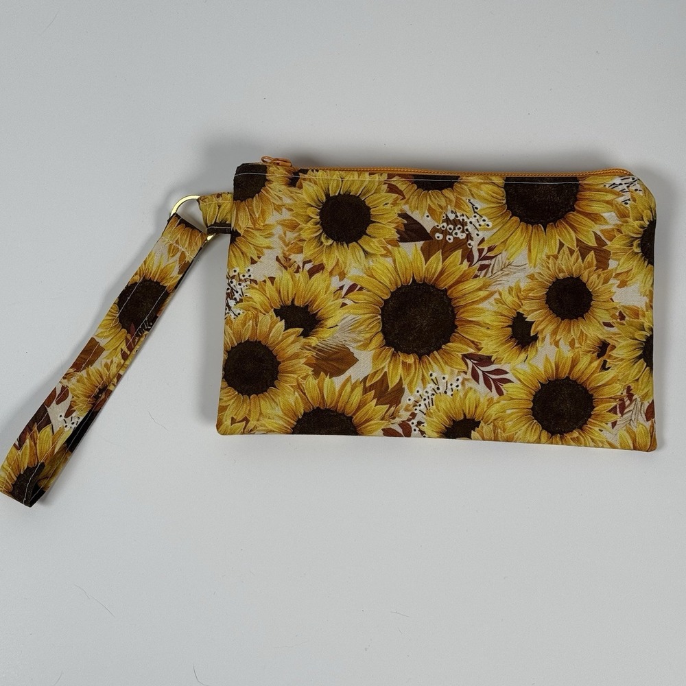Handmade Wristlet Zipper Pouch Purse Clutch Lightweight Strap New Sunflowers‎